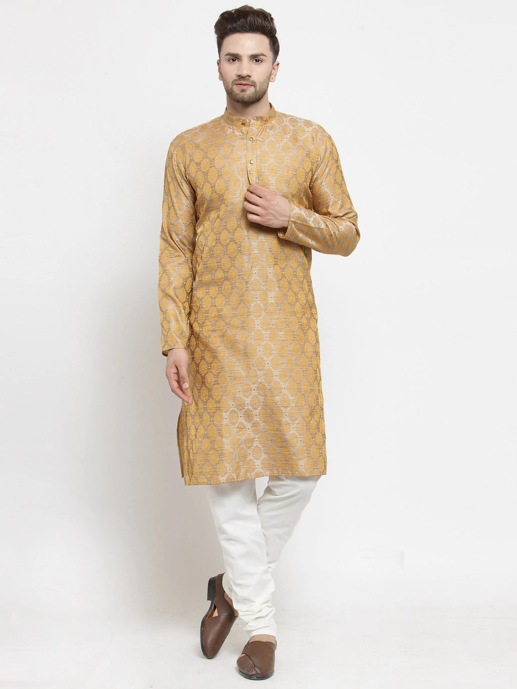Men's Silver Jacquard Woven Kurta Set