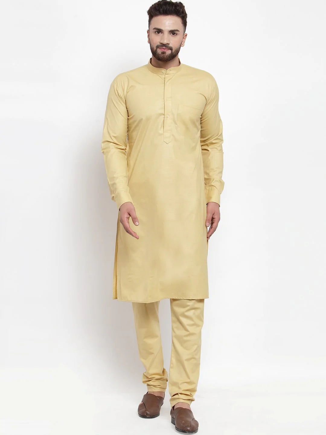 Men's Beige Cotton Solid Kurta Set