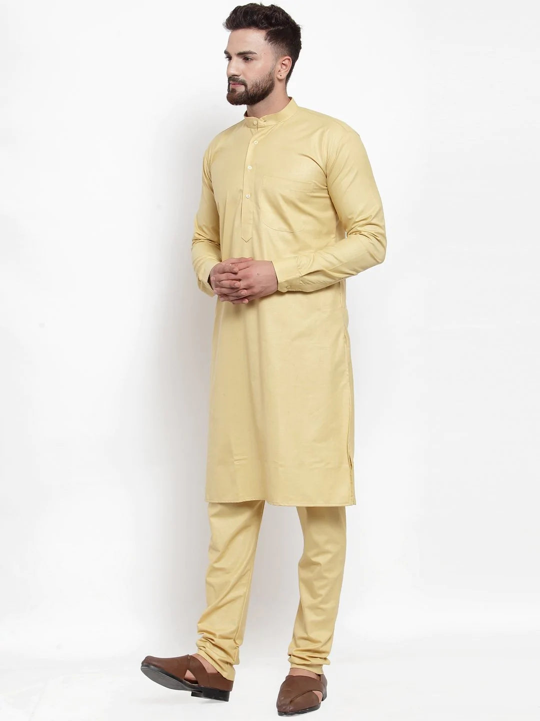 Men's Beige Cotton Solid Kurta Set