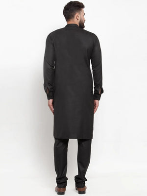 Men's Black Cotton Solid Kurta Set
