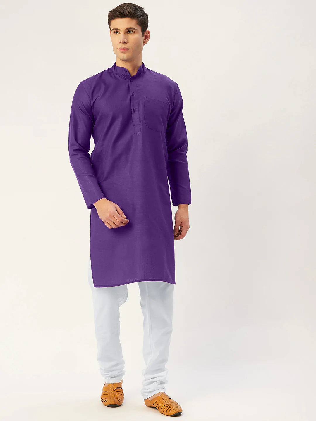 Men's Purple Cotton Blend Solid Kurta Set