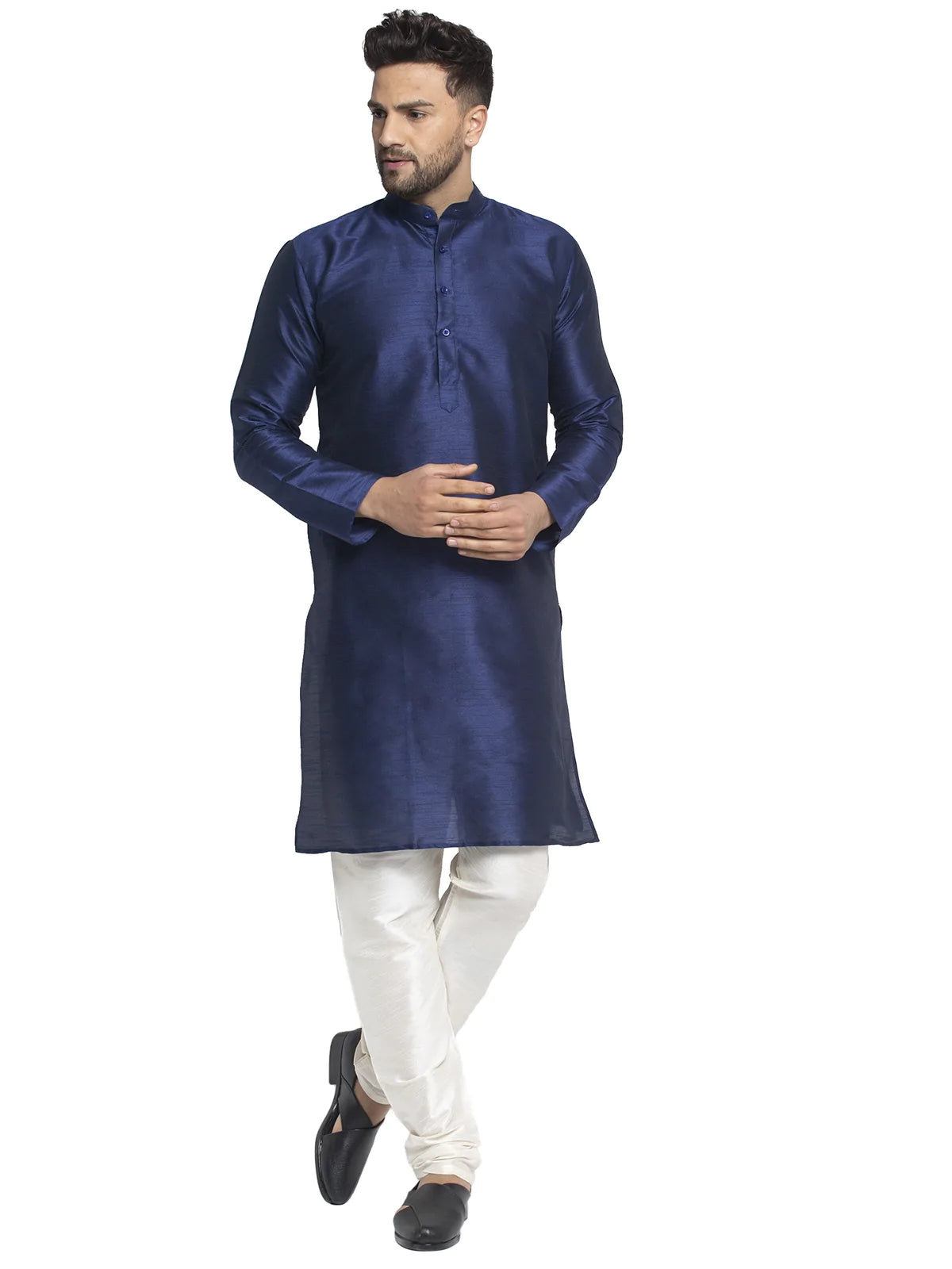 Men's Navy Blue Dupion Solid Kurta Set