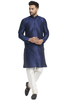 Men's Navy Blue Dupion Solid Kurta Set