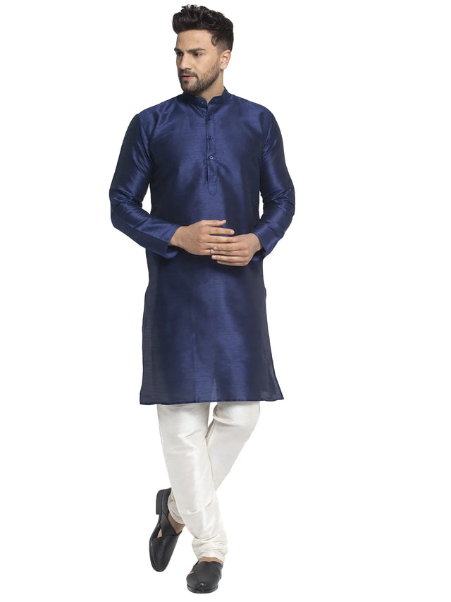 Men's Navy Blue Dupion Solid Kurta Set