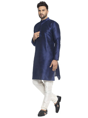 Men's Navy Blue Dupion Solid Kurta Set