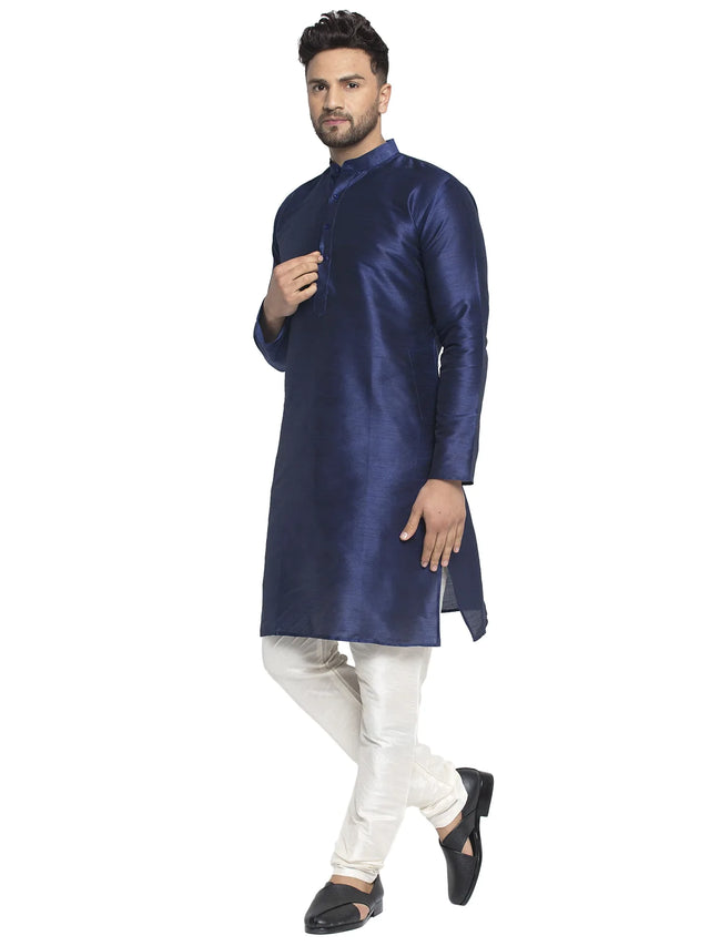 Men's Navy Blue Dupion Solid Kurta Set