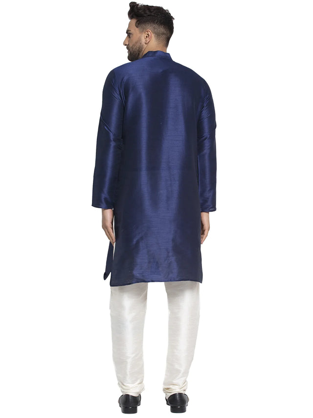 Men's Navy Blue Dupion Solid Kurta Set