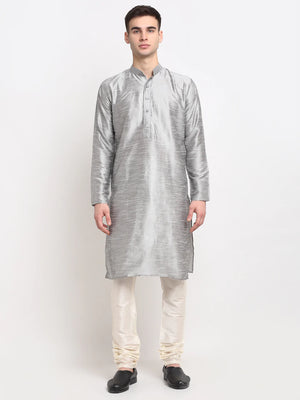 Men's Silver Dupion Solid Kurta Set