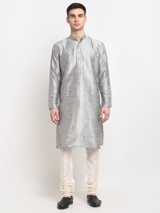 Men's Silver Dupion Solid Kurta Set