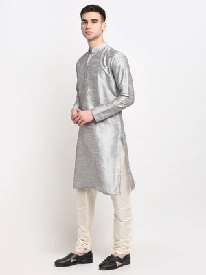 Men's Silver Dupion Solid Kurta Set