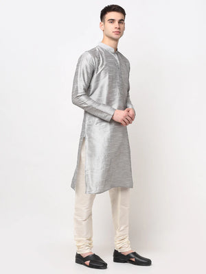 Men's Silver Dupion Solid Kurta Set