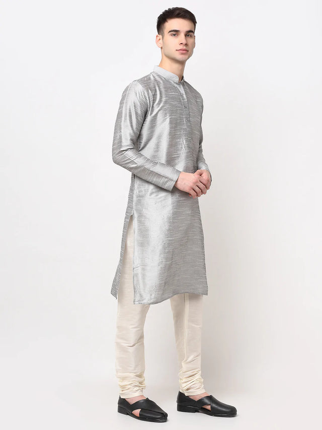 Men's Silver Dupion Solid Kurta Set