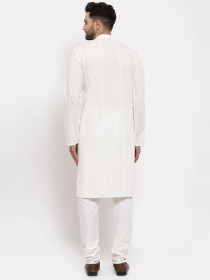 Men's Cream Cotton Embroidered Kurta Set