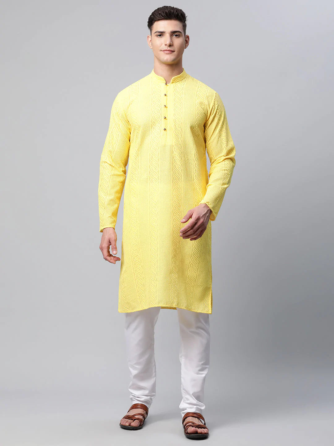 Men's Lemon Cotton Chikankari Kurta Set