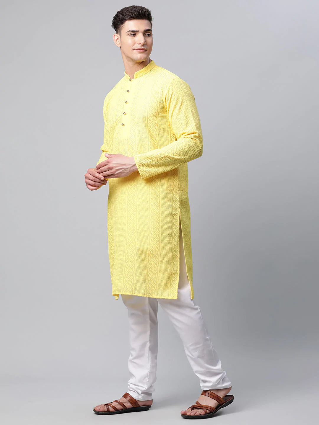 Men's Lemon Cotton Chikankari Kurta Set