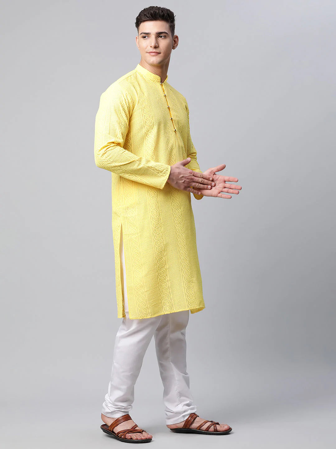 Men's Lemon Cotton Chikankari Kurta Set