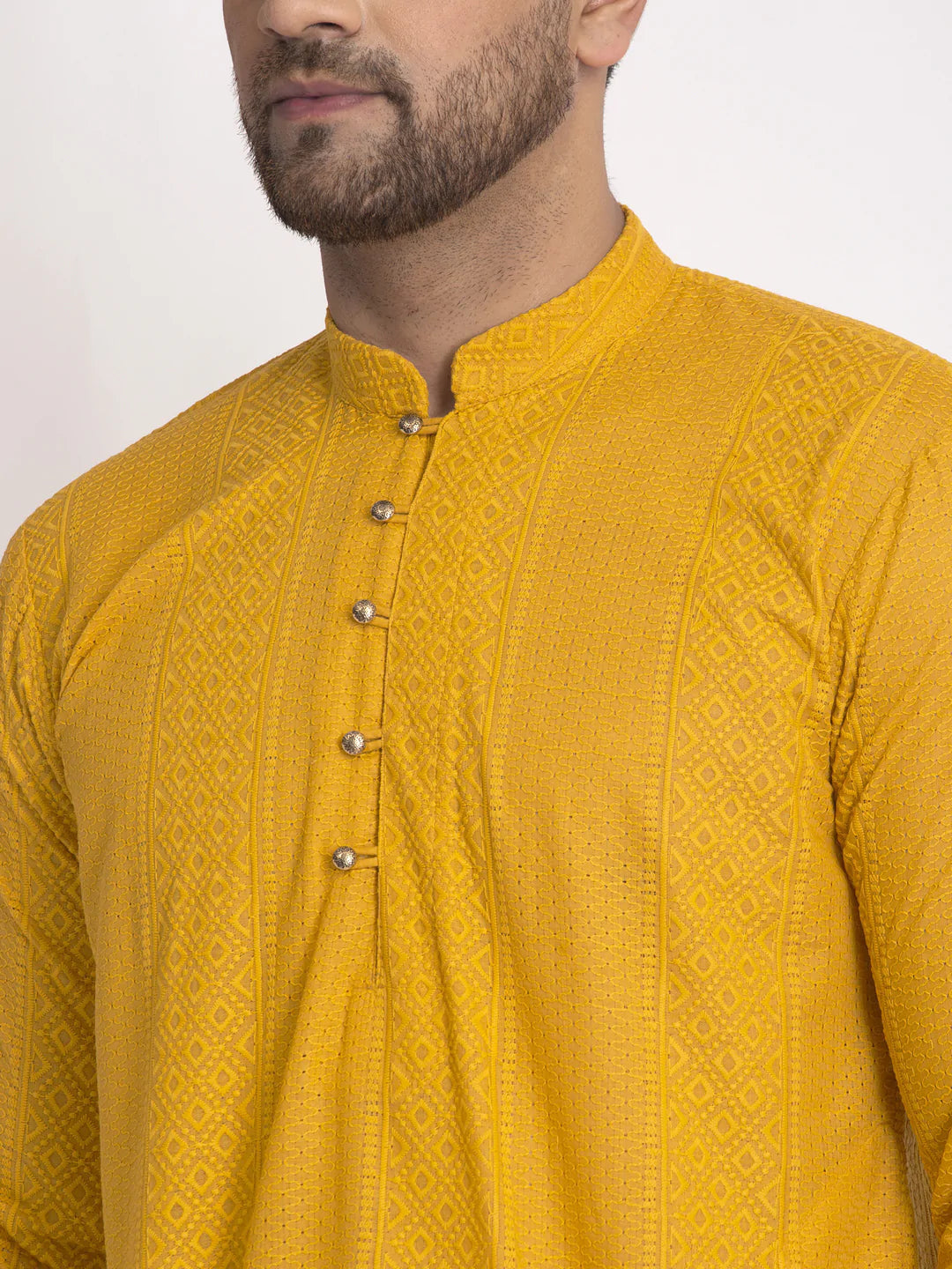 Men's Mustard Cotton Embroidered Kurta Set