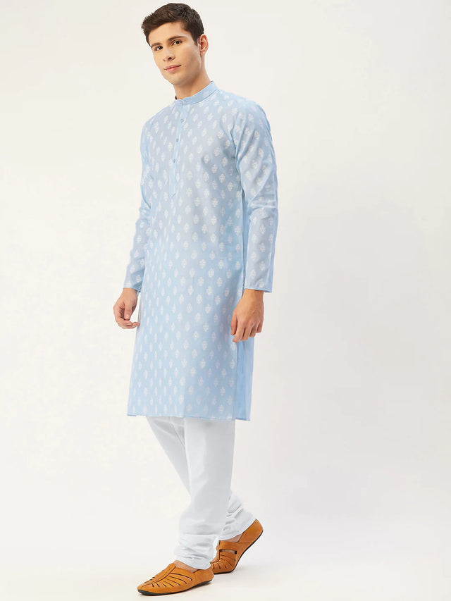 Men's Blue Cotton Blend Printed Kurta Set