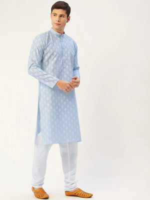 Men's Blue Cotton Blend Printed Kurta Set