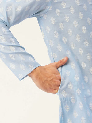 Men's Blue Cotton Blend Printed Kurta Set