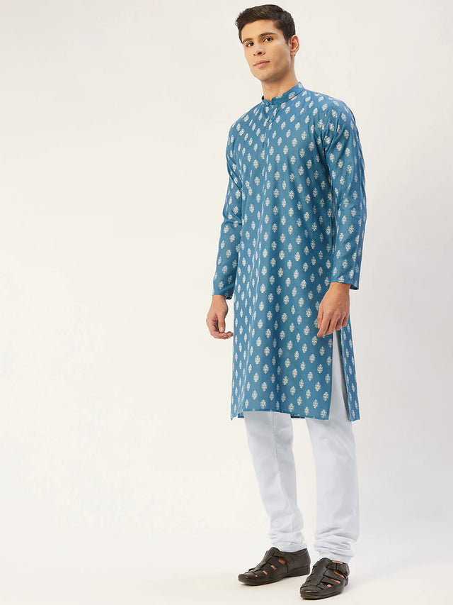 Men's Teal Cotton Blend Printed Kurta Set