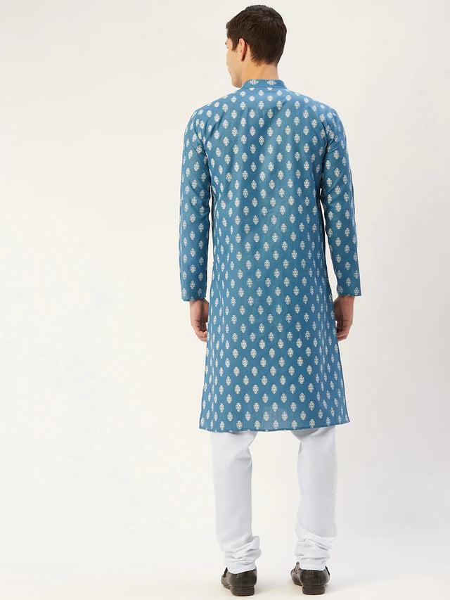 Men's Teal Cotton Blend Printed Kurta Set