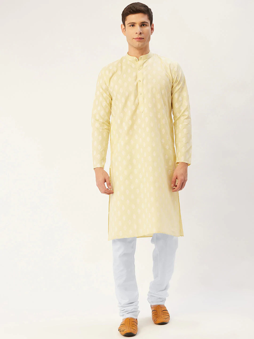 Men's Yellow Cotton Blend Printed Kurta Top (KO_650Yellow)