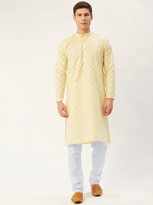 Men's Yellow Cotton Blend Printed Kurta Set (JOKP_650Yellow)