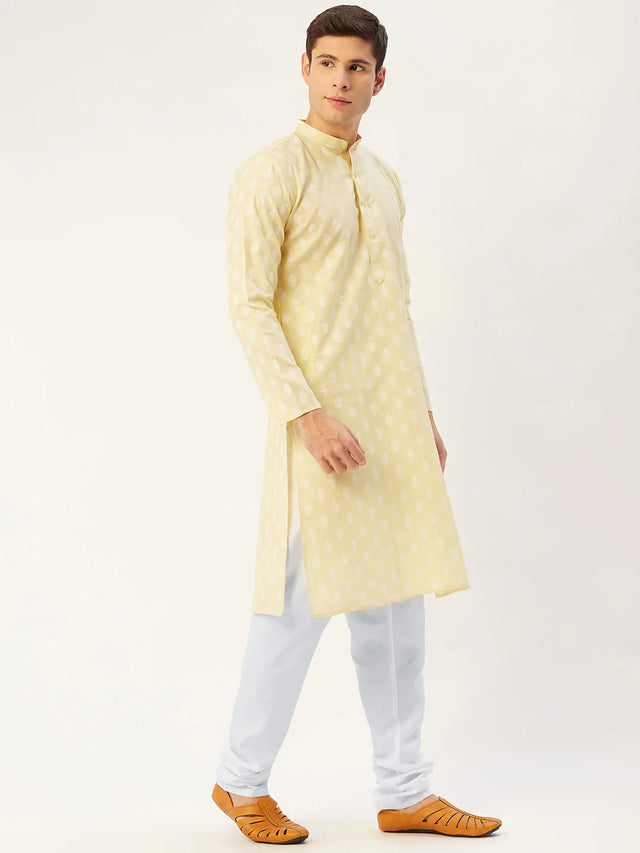 Men's Yellow Cotton Blend Printed Kurta Set (JOKP_650Yellow)