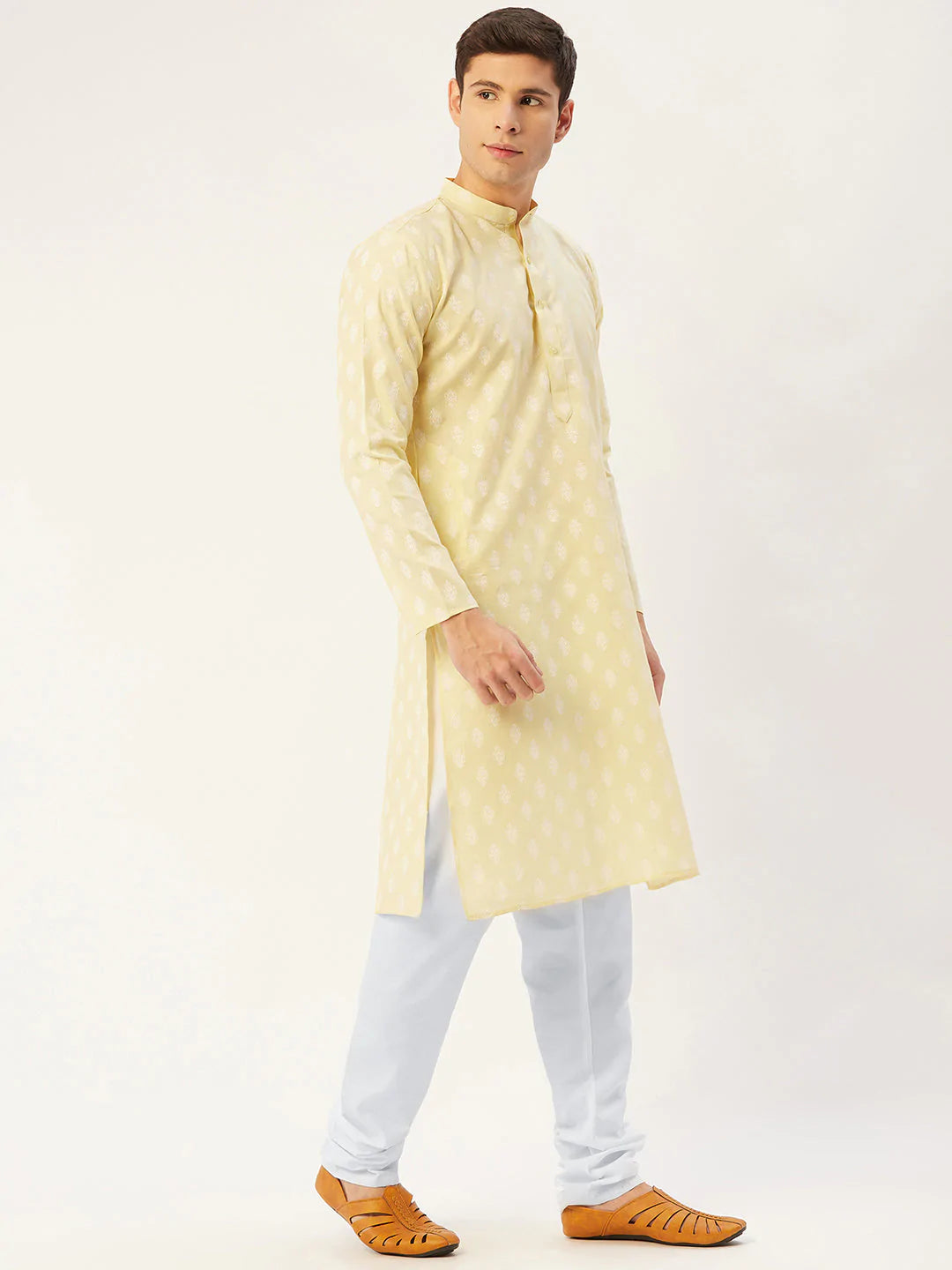 Men's Yellow Cotton Blend Printed Kurta Top (KO_650Yellow)