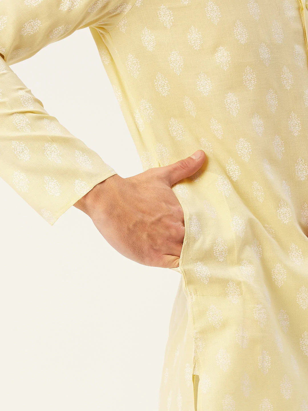 Men's Yellow Cotton Blend Printed Kurta Top (KO_650Yellow)