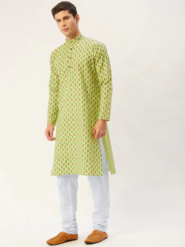 Men's Green Cotton Blend Printed Kurta Top (KO_651Green)