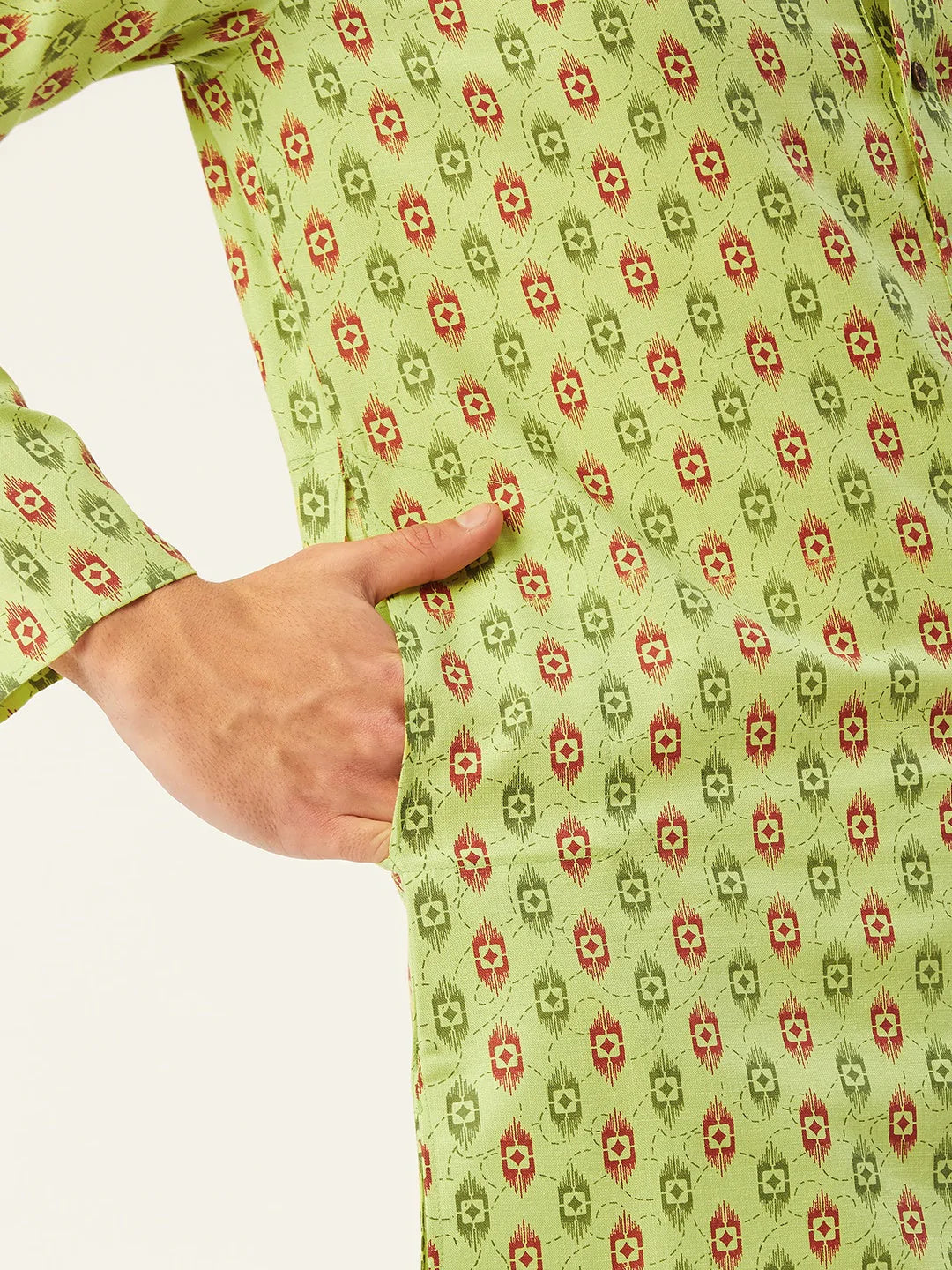 Men's Green Cotton Blend Printed Kurta Top (KO_651Green)