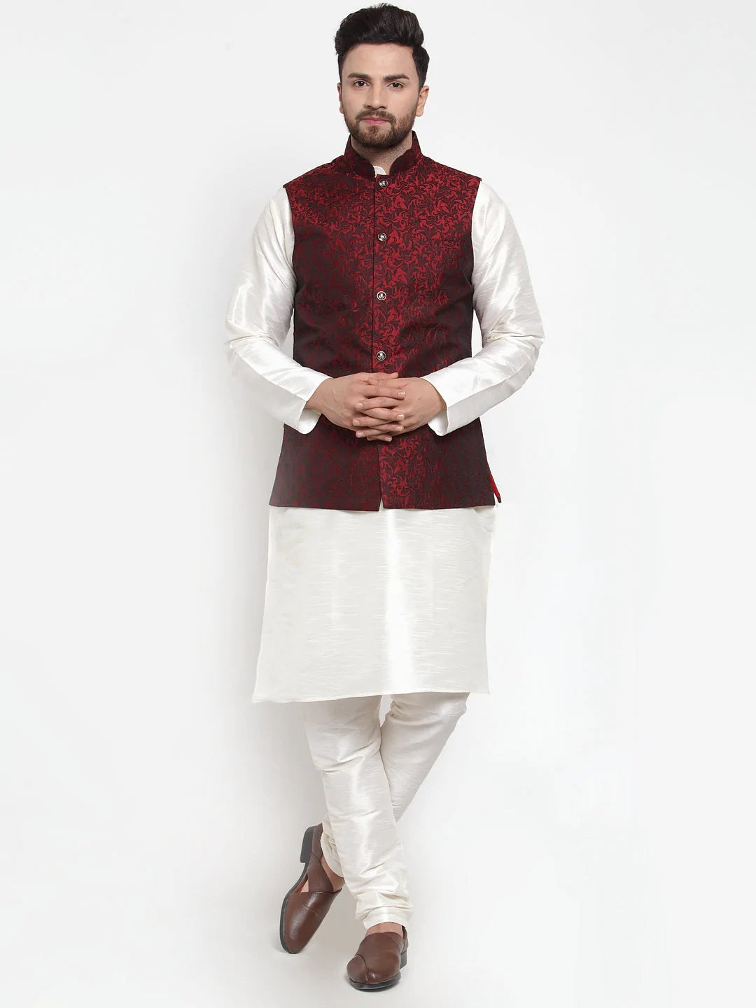 Men's Maroon Jacquard Silk Woven Design Kurta Set With Jacket (JOKP_WC_4054_Maroon)