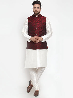 Men's Maroon Jacquard Silk Woven Design Kurta Set With Jacket (JOKP_WC_4054_Maroon)