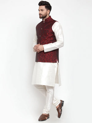 Men's Maroon Jacquard Silk Woven Design Kurta Set With Jacket (JOKP_WC_4054_Maroon)