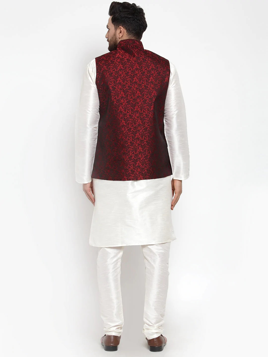 Men's Maroon Jacquard Silk Woven Design Kurta Set With Jacket (JOKP_WC_4054_Maroon)