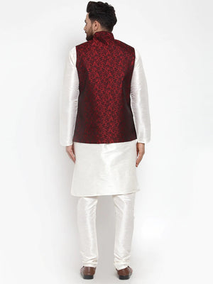 Men's Maroon Jacquard Silk Woven Design Kurta Set With Jacket (JOKP_WC_4054_Maroon)