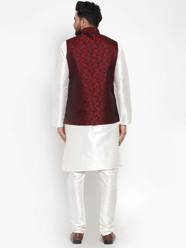 Men's Maroon Jacquard Silk Woven Design Kurta Set With Jacket (JOKP_WC_4054_Maroon)