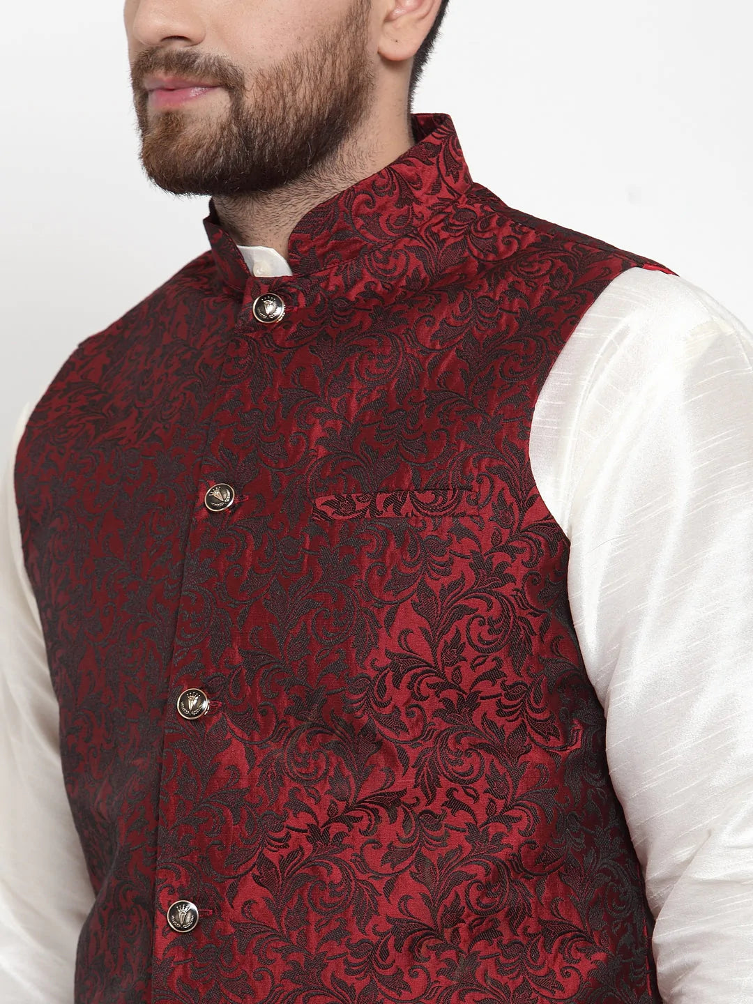 Men's Maroon Jacquard Silk Woven Design Kurta Set With Jacket (JOKP_WC_4054_Maroon)
