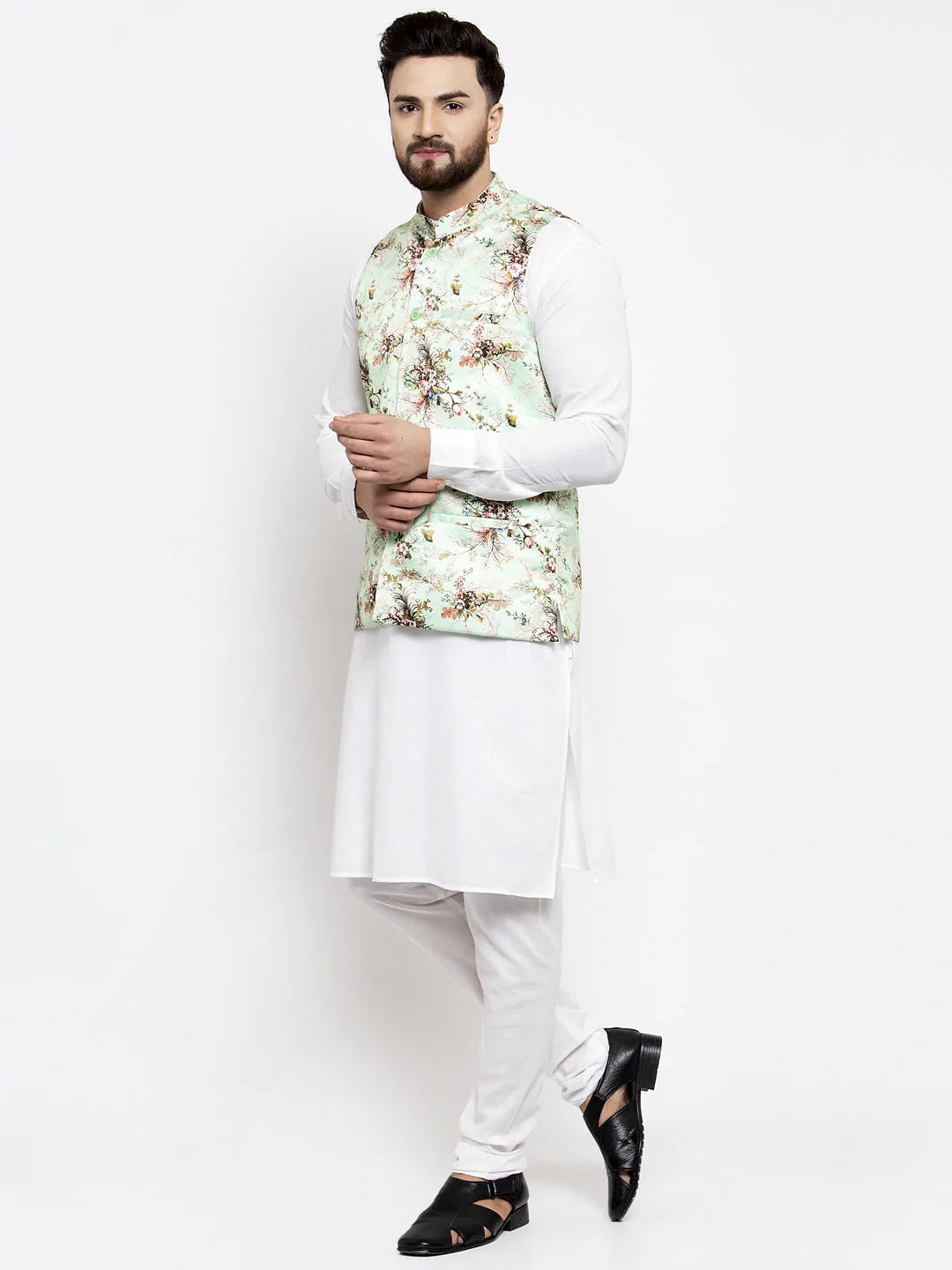 Men's Lime Silk Printed Kurta Set With Jacket (JOKP_WC_4058_Lime-W)