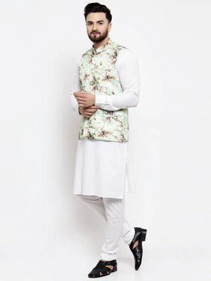 Men's Lime Silk Printed Kurta Set With Jacket (JOKP_WC_4058_Lime-W)
