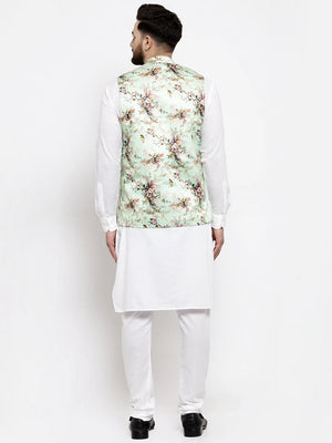 Men's Lime Silk Printed Kurta Set With Jacket (JOKP_WC_4058_Lime-W)