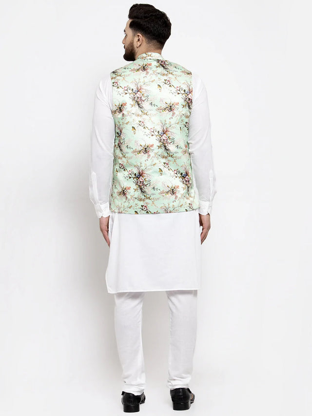 Men's Lime Silk Printed Kurta Set With Jacket (JOKP_WC_4058_Lime-W)
