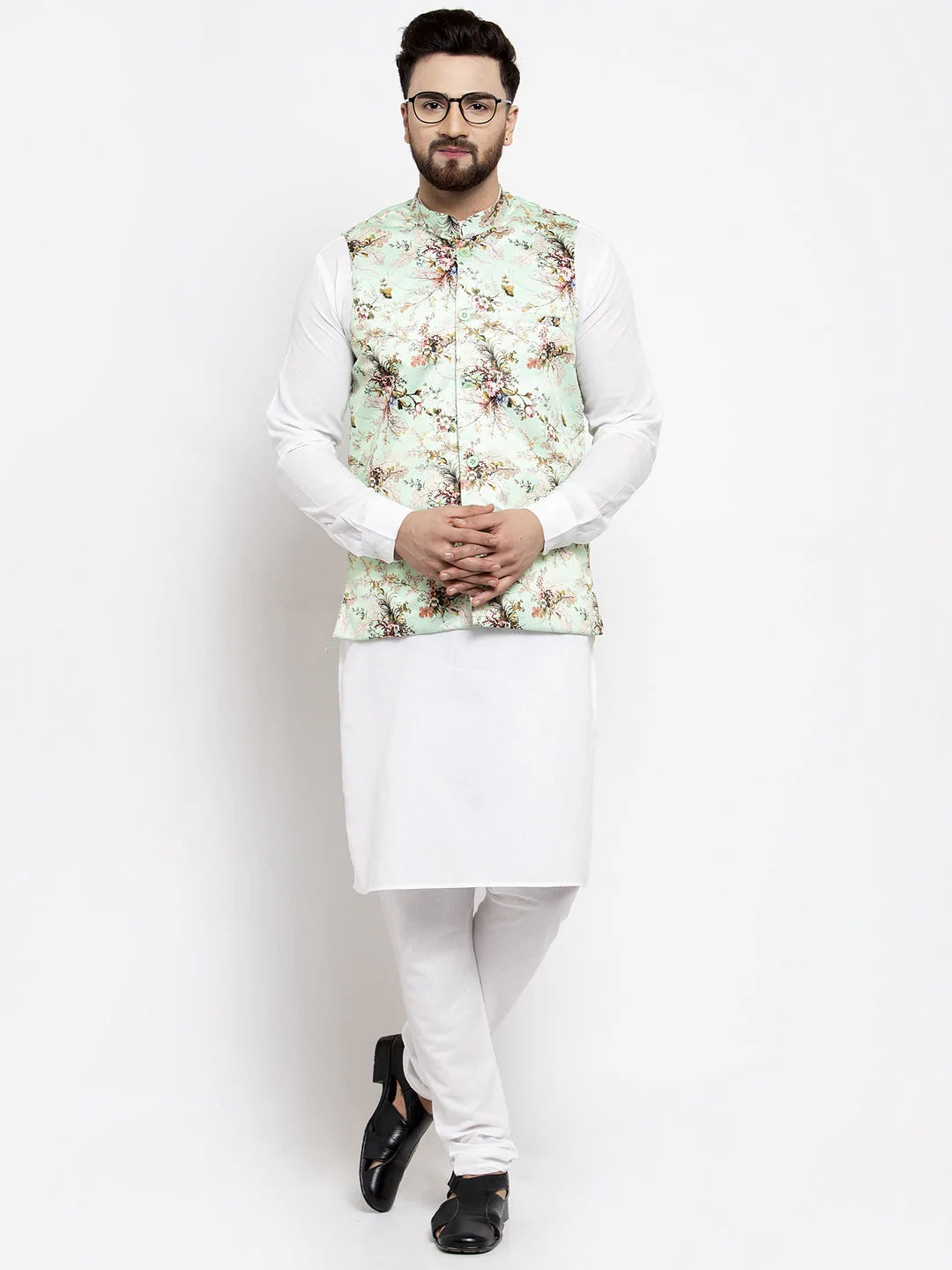 Men's Lime Silk Printed Kurta Set With Jacket (JOKP_WC_4058_Lime-W)