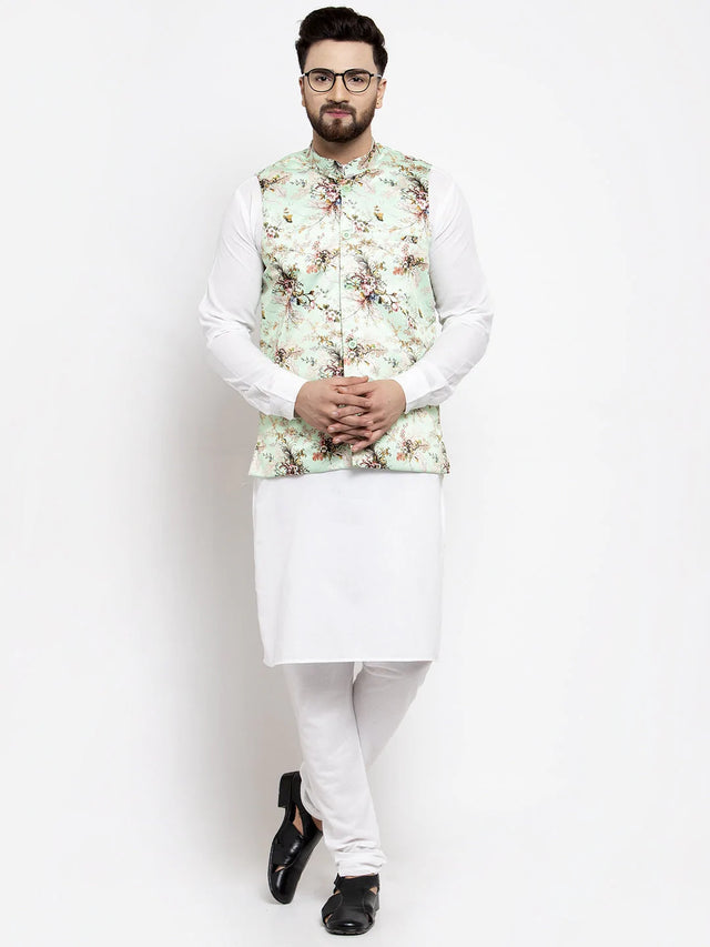 Men's Lime Silk Printed Kurta Set With Jacket (JOKP_WC_4058_Lime-W)