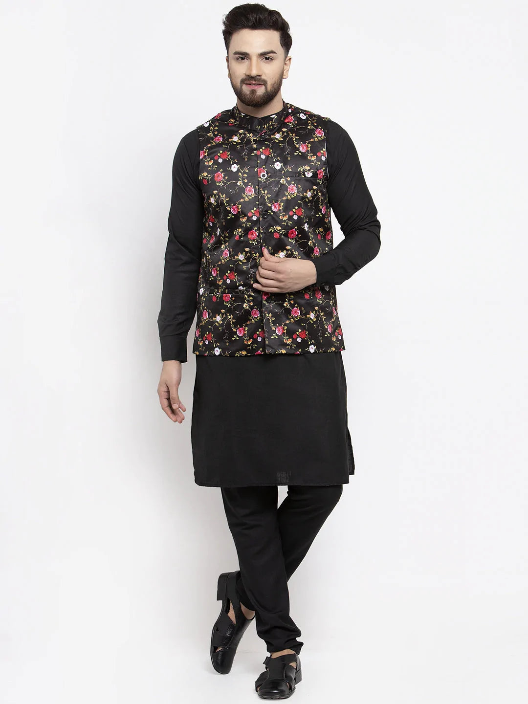 Men's Black Silk Printed Kurta Set With Jacket