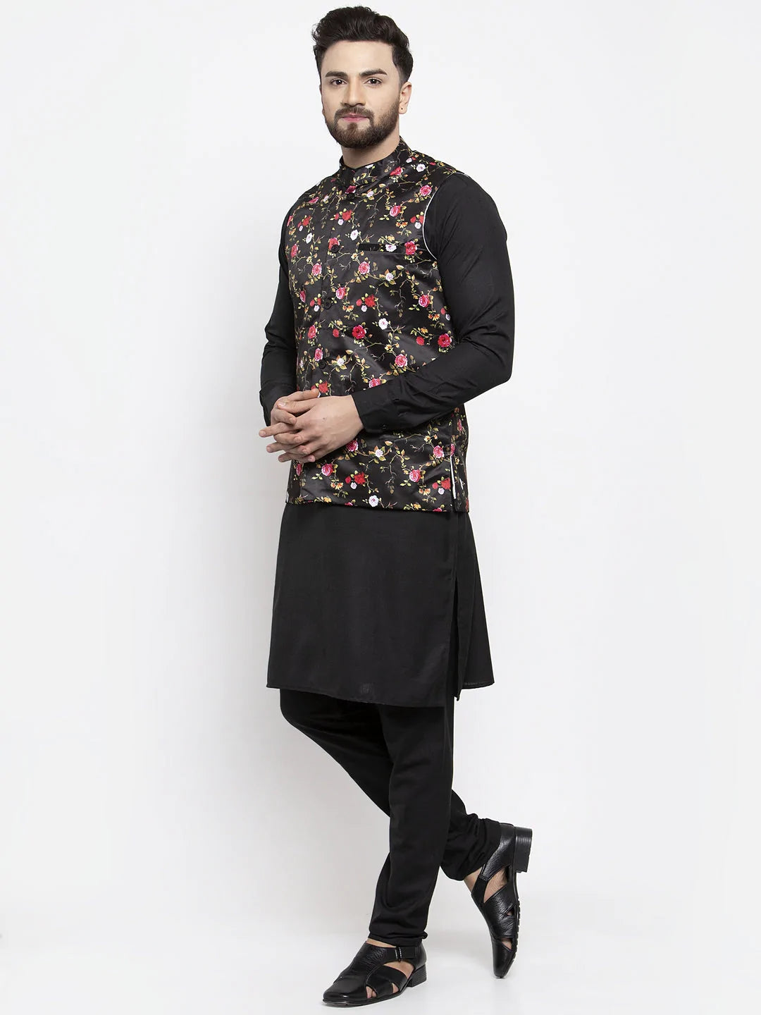 Men's Black Silk Printed Kurta Set With Jacket