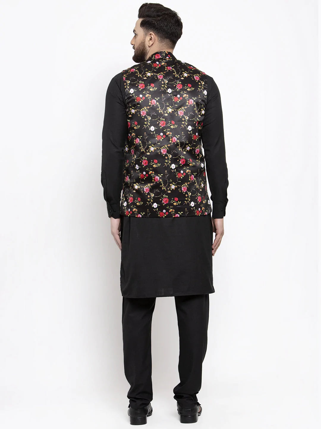 Men's Black Silk Printed Kurta Set With Jacket