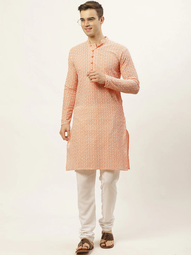 Men's Orange Cotton Embellished Kurta Set